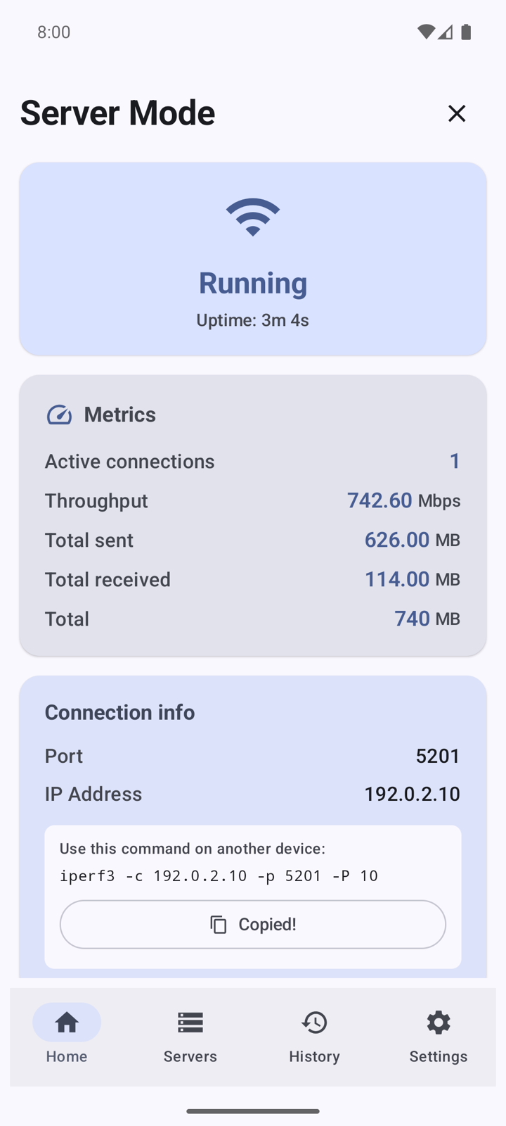 iPerf3 for Android server mode running with local IP and live metrics
