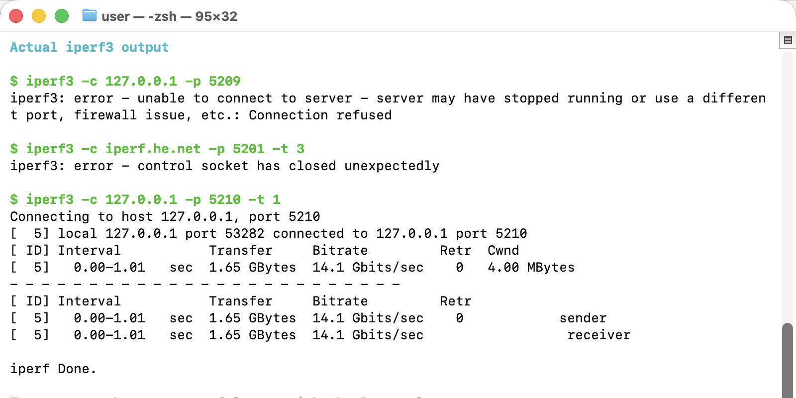 Real iperf3 terminal output showing connection refused, a closed control socket and a successful TCP test with the Retr column