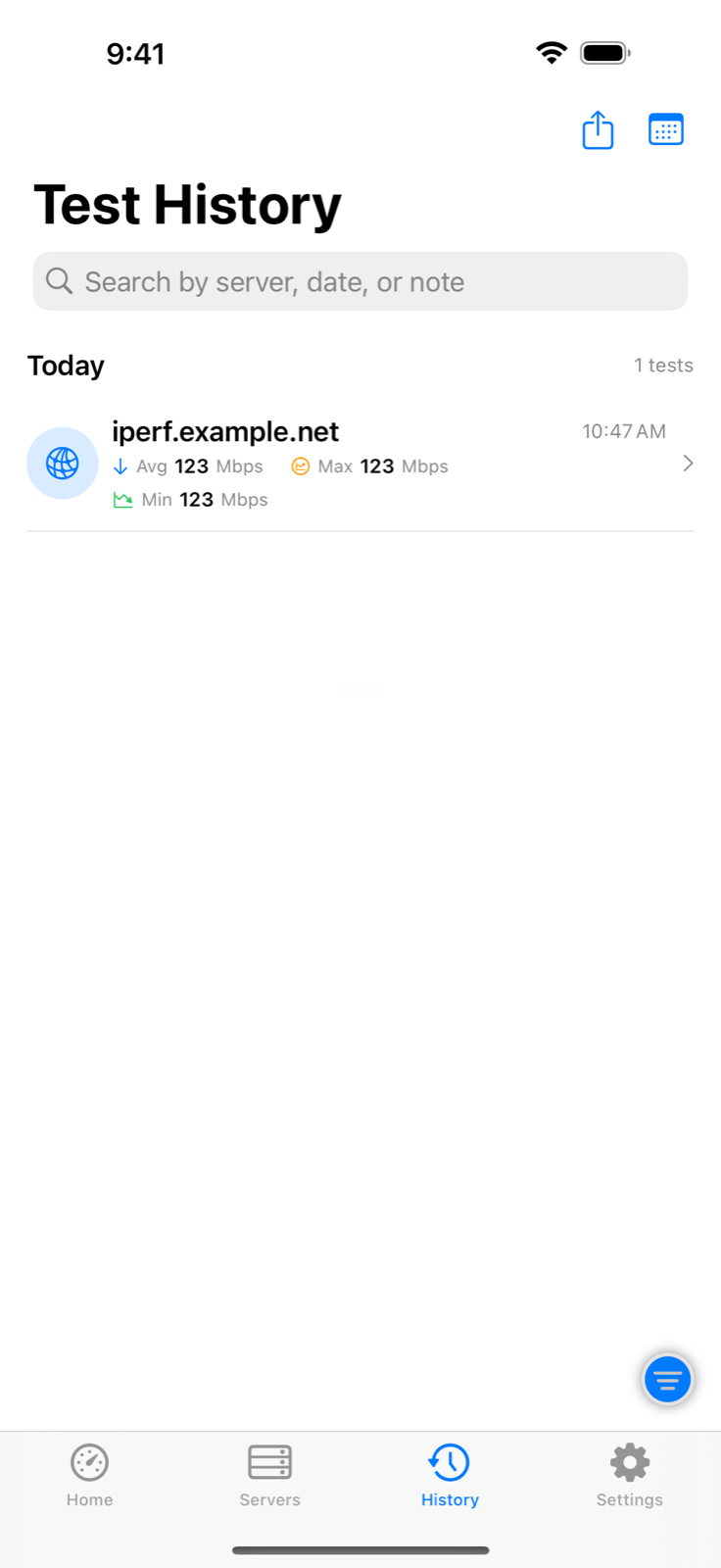 iPerf3 iPhone history screen with saved room-by-room mesh Wi-Fi results