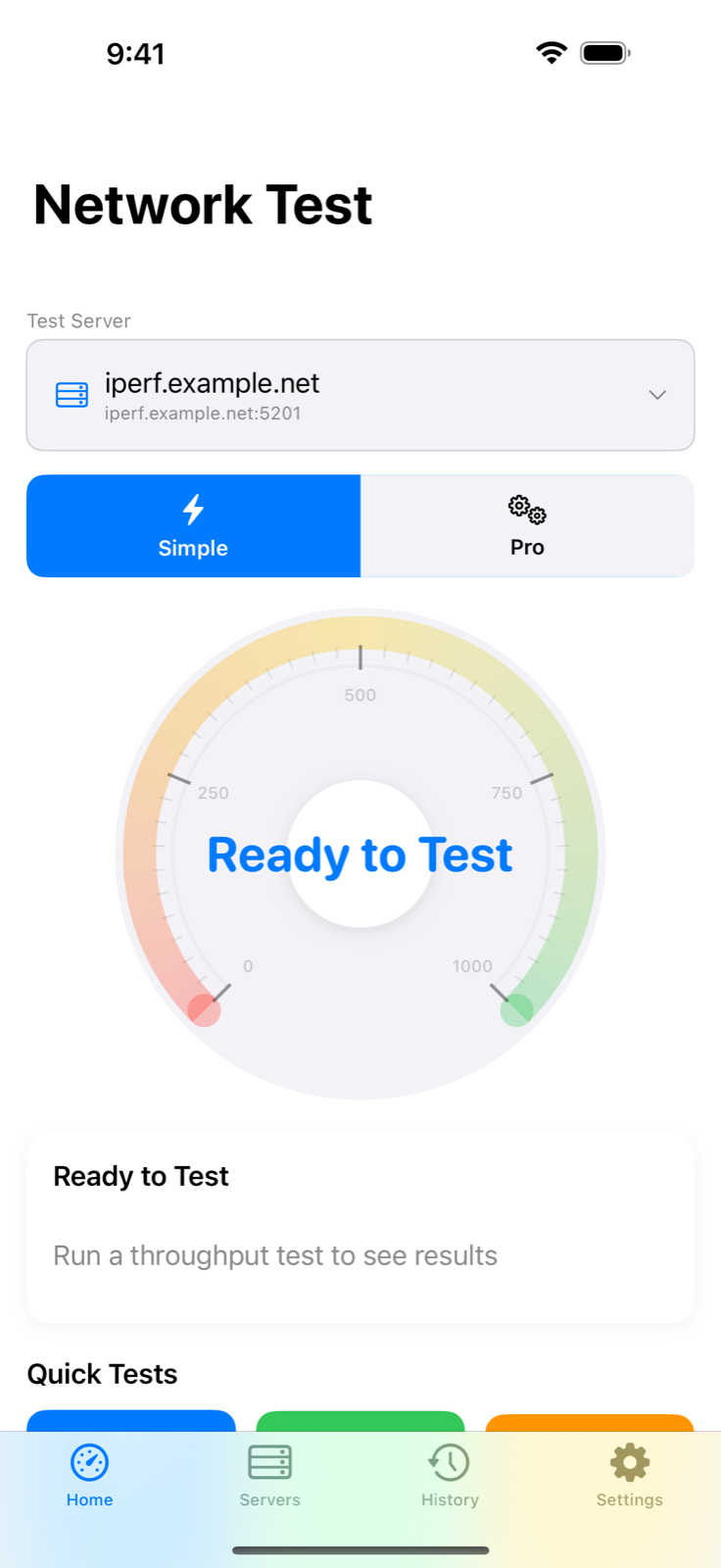 The iPerf3 Client & Server app on iPhone running a throughput test with the speedometer