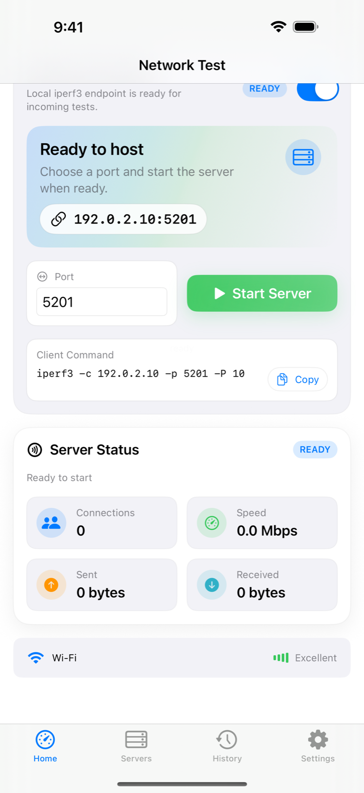 iPerf3 Client & Server iPhone server mode listening on port 5201