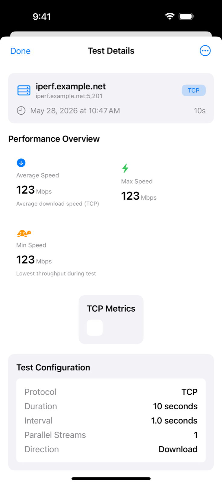 iPerf3 iPhone test details screen with throughput and TCP metrics