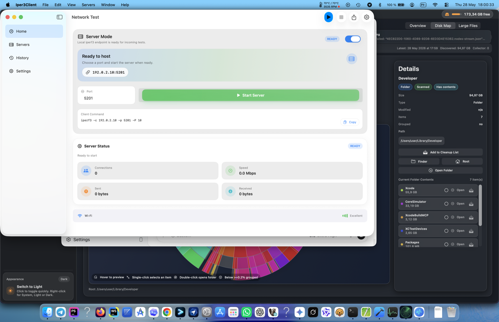 iPerf3 for Mac server mode listening on port 5201 with a local IP address