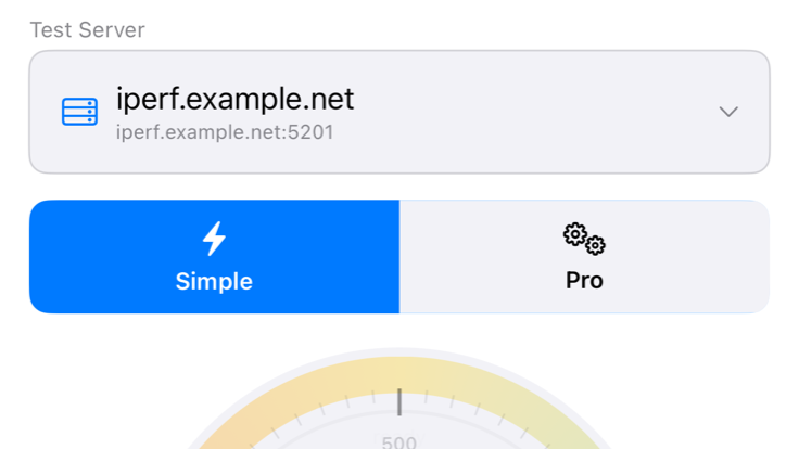 The iPerf3 Client & Server app on iPhone running a throughput test with the speedometer