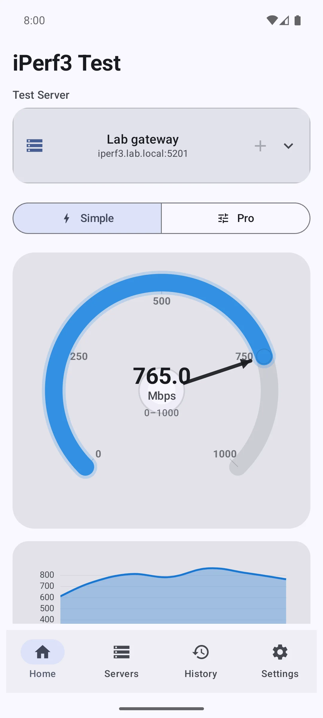 iPerf3 for Android live test dashboard with selected server, speedometer, and throughput chart