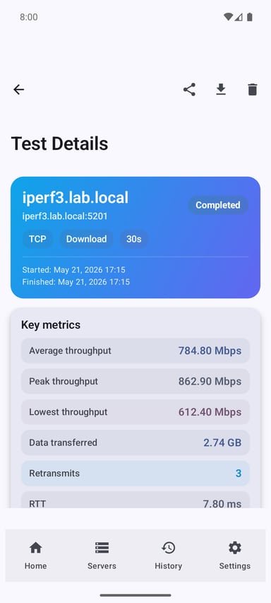 iPerf3 for Android test details screen with throughput, TCP metrics, timing, and export controls