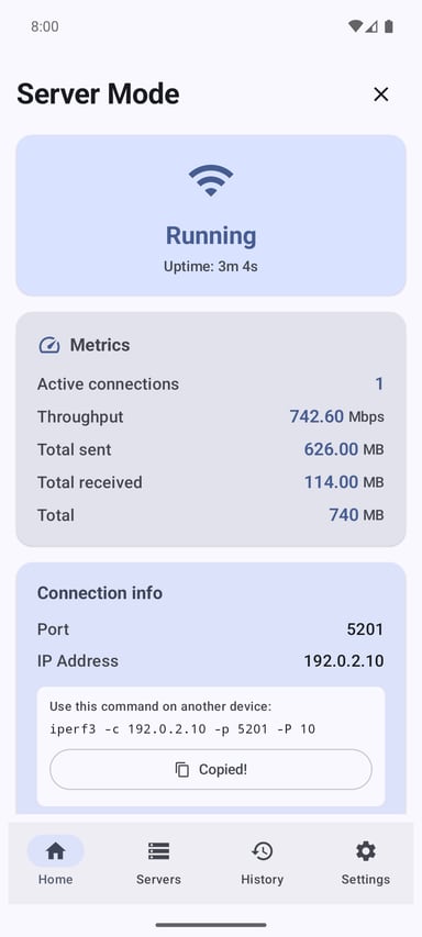 iPerf3 for Android server mode showing running status, local IP address, port, and live metrics