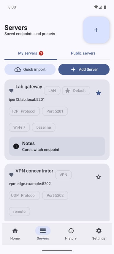 iPerf3 for Android saved servers screen with favorite endpoints, groups, tags, and quick add controls