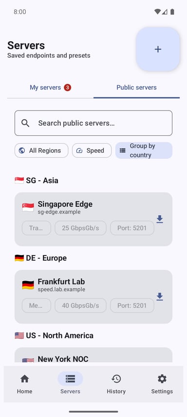 iPerf3 for Android public server directory with search, region filters, and downloadable test endpoints