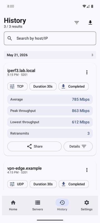 iPerf3 for Android history screen with saved TCP and UDP results, throughput metrics, and details actions