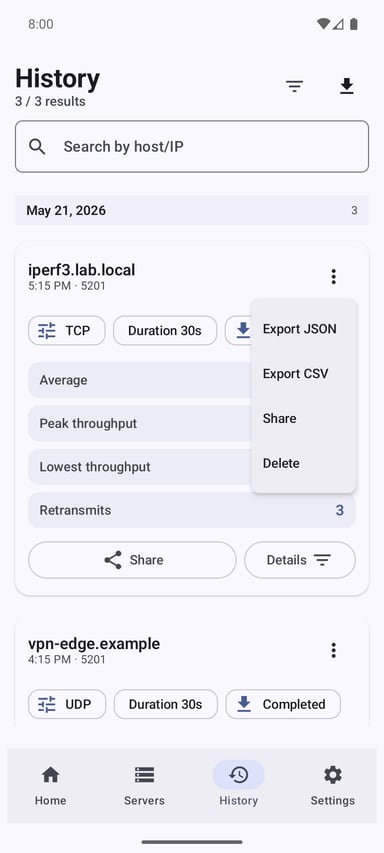 iPerf3 for Android history result menu with JSON, CSV, share, and delete actions