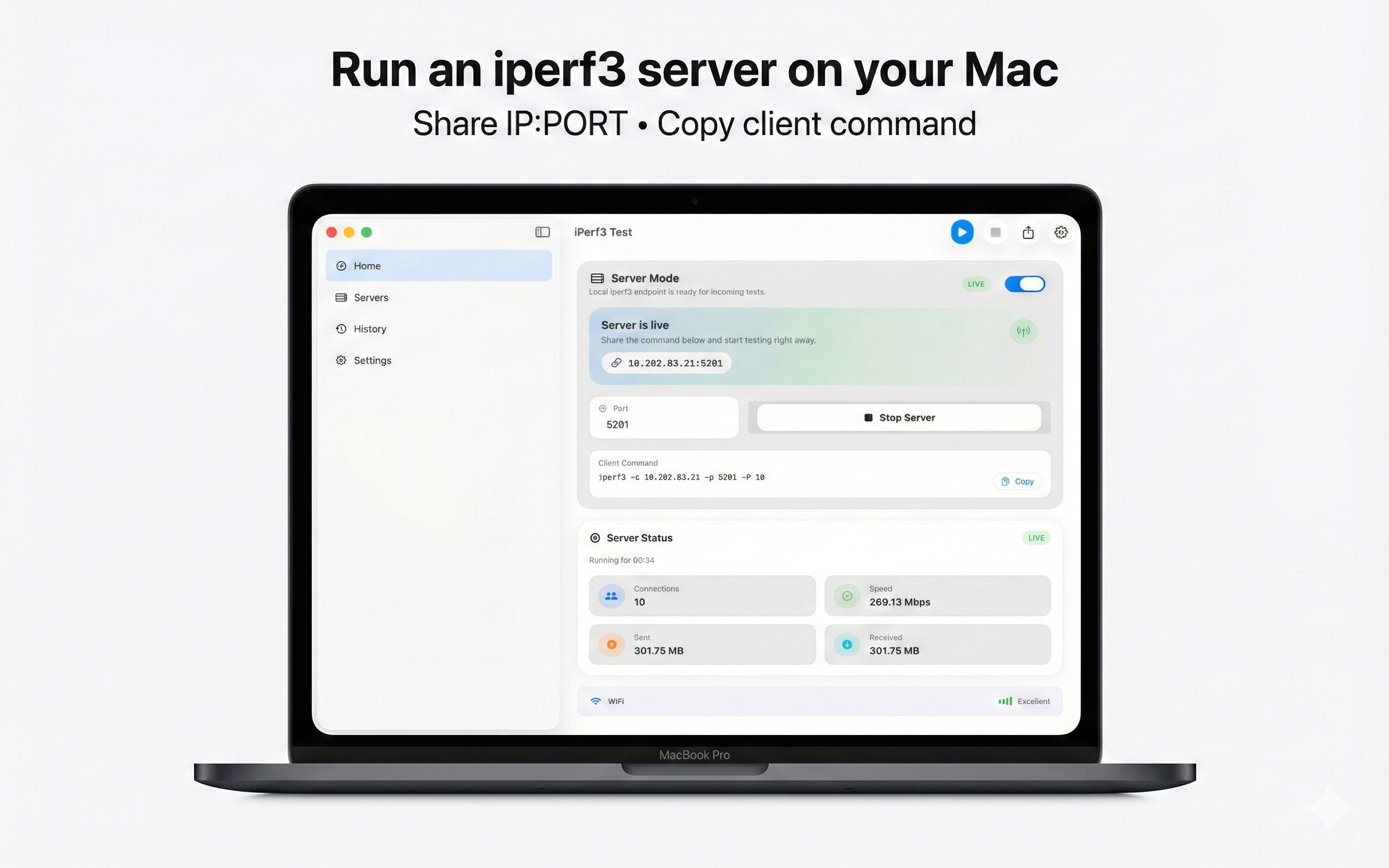 iPerf3 server mode on Mac showing IP address, port, and copyable client command