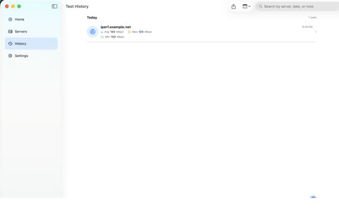 iPerf3 for Mac history screen with a saved network test result