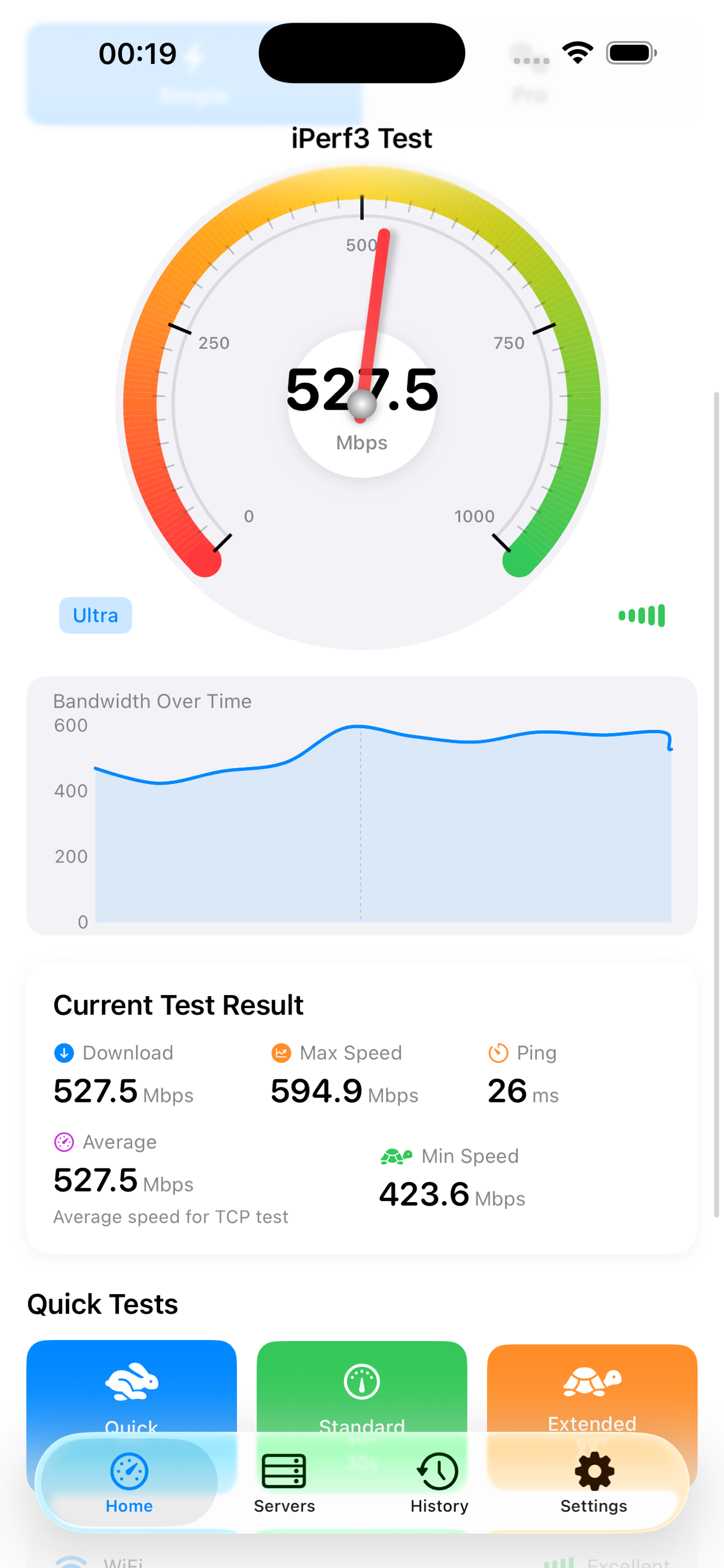 iPerf3 client mode on iOS displaying completed test results with retransmits