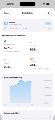 Test history screen with grouped results and filtering